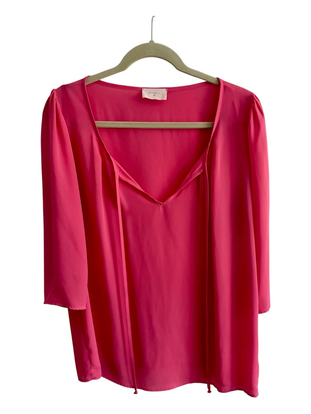 Everly Coral Pink V-Neck Tunic Blouse, Tie Neck, 3/4 Sleeve, Size Large